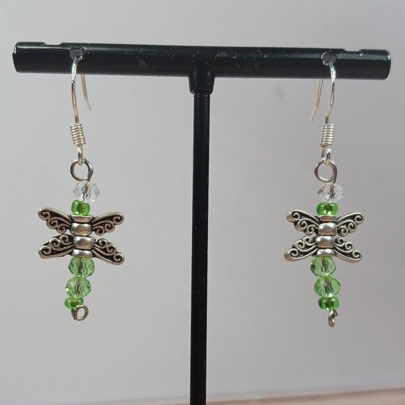 Handmade Green Beaded Dragonfly Dangle Earrings - Picture 5 of 7